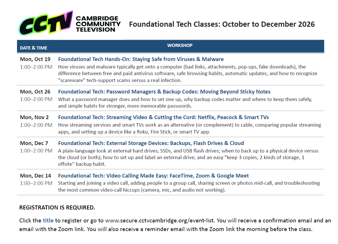 List of classes for fall and winter. Go to https://sites.google.com/cctvcambridge.org/foundationaltech/home